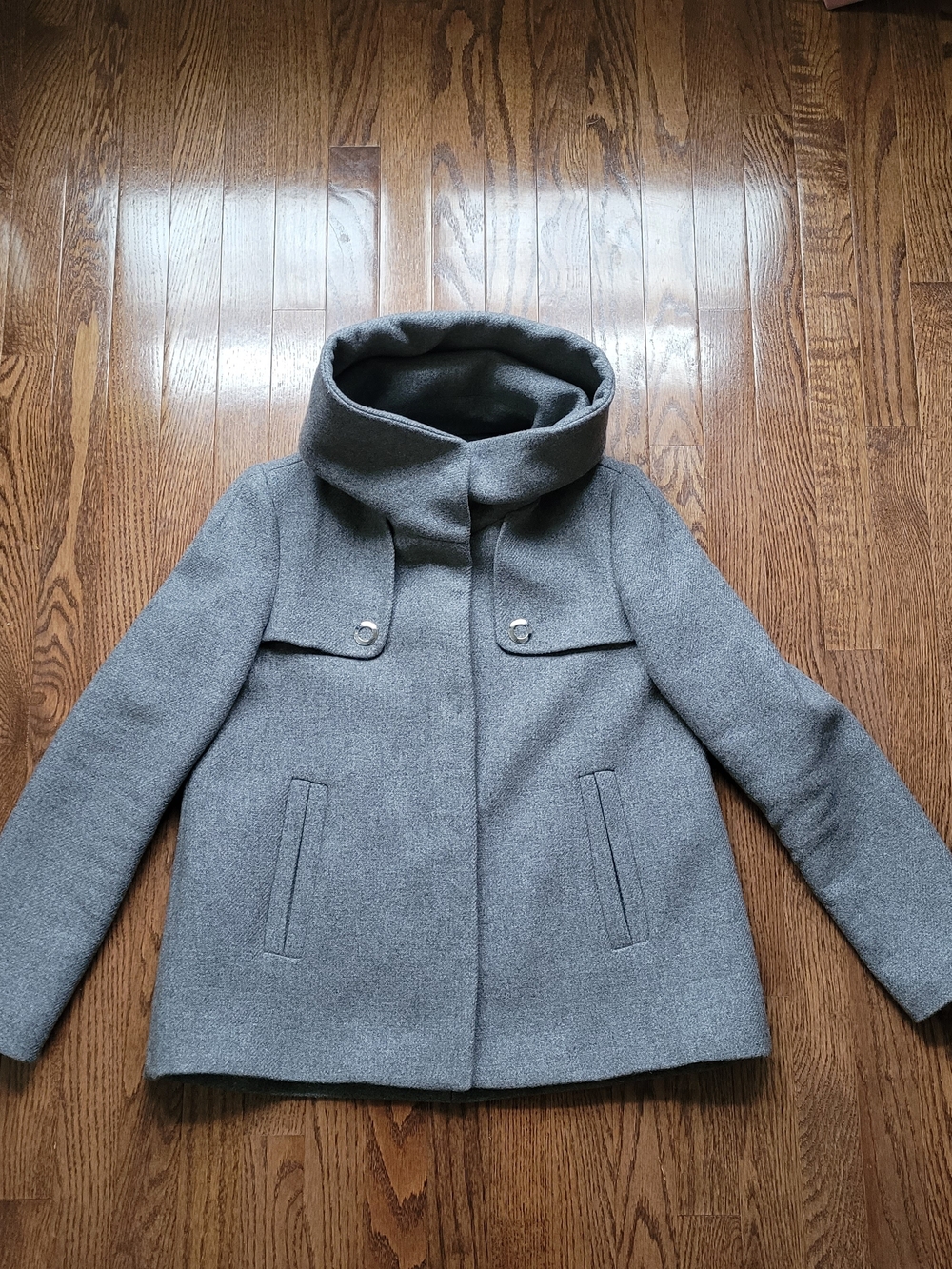 Zara Gray Hooded Short Coat with Snap-Flap Detail